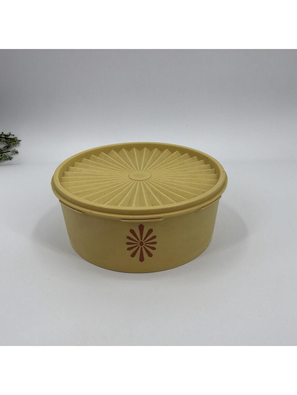 Vintage Tupperware Yellow Starburst Sunburst Round Storage Container W/ Lid